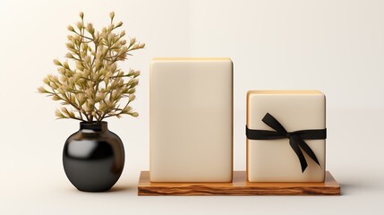 Wooden gift box with an empty card mockup alongside a closed gift box with black ribbon in white solid background