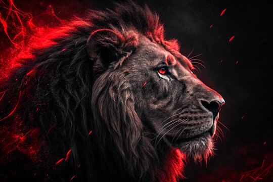 A Lion symbolizing dark and love, psychology, love, manipulation, dark and red, scare, pain, and tears, with a Black and Red Lion - generated by ai