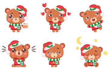 Obraz premium Set of Christmas bears in different poses and emotions, happy, surprised, sleepy and loving. Vector illustration for holiday designs, prints and patterns. Isolated on white background