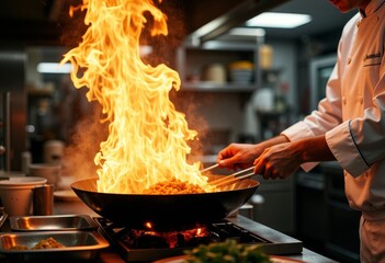 Flamb?ed Dish in Wok, Restaurant Kitchen
