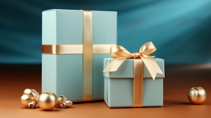 Wooden gift box with an empty card mockup alongside a closed gift box in sky blue color solid background