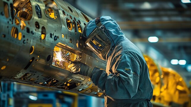 Technician in Protective Suit Welding Parts in Airplane Industrial Setting