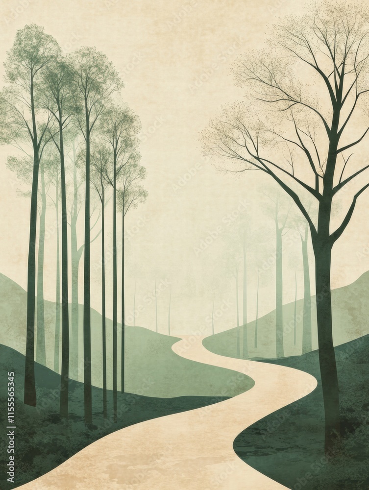 Fototapete winding minimalist forest path inviting exploration in serene natural setting. generative ai