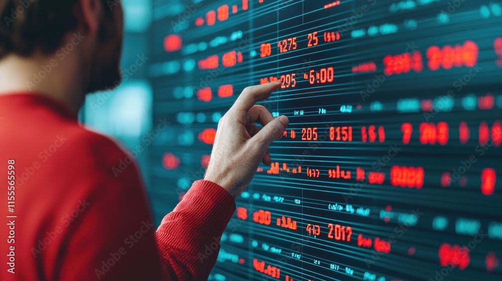 Poster businessman analyzing financial data on futuristic digital display
