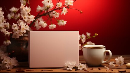 Wooden gift box with an empty card mockup alongside a closed gift box in red color background