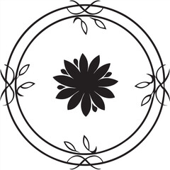 Circle floral frame with flower handmade line art