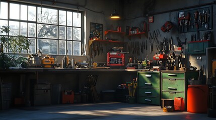 Modern workshop with organized tools and bright lighting
