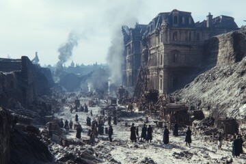 A historical scene of the Industrial Revolution with workers operating steam-powered machinery in a smoky factory setting