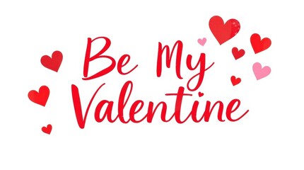 Be My Valentine text with red and pink hearts on a white background