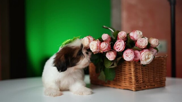 Shih Tzu Puppy Sitting on a white table near a bouquet of flowers. Cute domestic pets