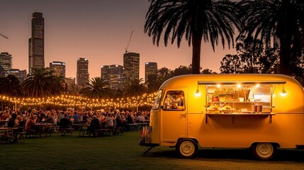 Yellow food truck at outdoor event with city skyline.