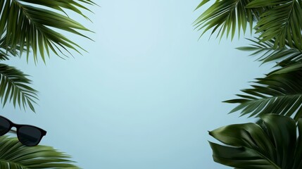 Tropical palm leaves frame with sunglasses on light blue background.