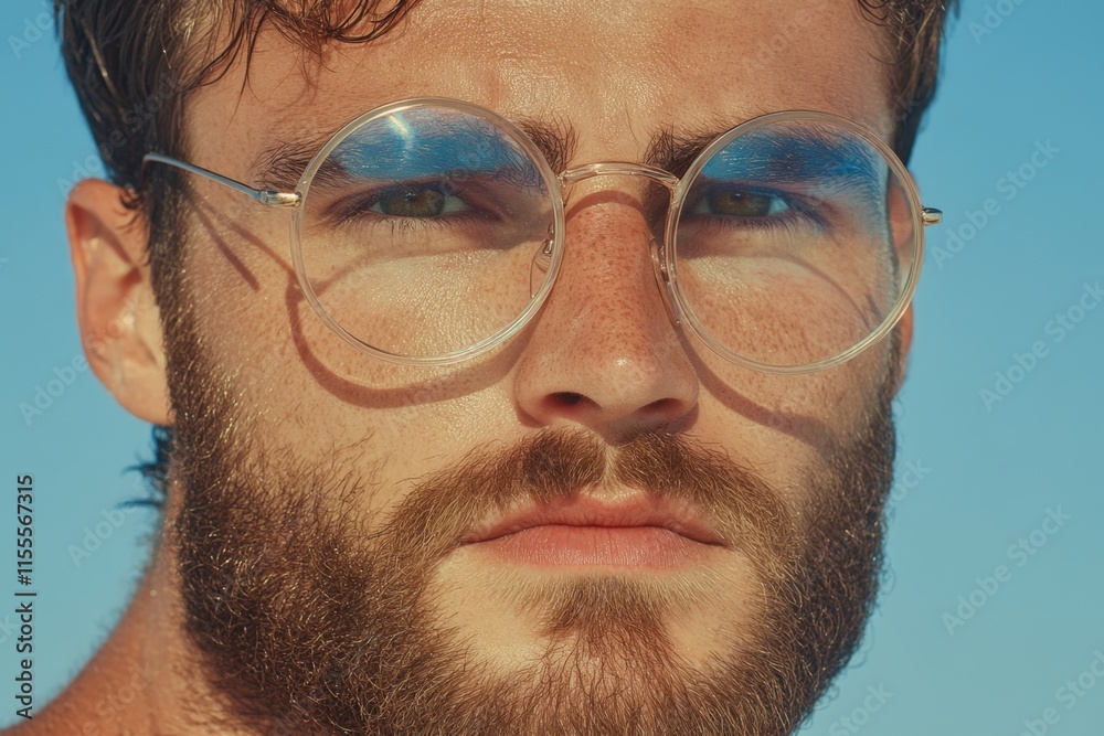Poster a hyper-realistic close-up of a hipster face with a perfectly groomed beard and reflective round gla