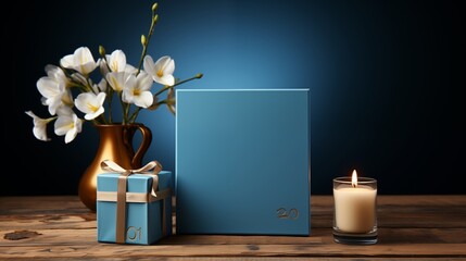 Wooden gift box with an empty card mockup alongside a closed gift box in blue solid background style