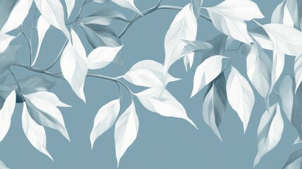 Elegant seamless pattern of stylized teal and white leaves on branches.