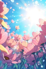 Bright and dreamy illustration of pink flowers under sunlight against a blue sky background