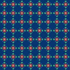 Red Primula Auricula and Clover (Trifolium) pattern illustration on blue background