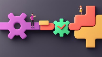 Fototapeta premium business plan 2025 and strategy concept. Colorful gears and figures symbolize teamwork and collaboration in a creative workspace.