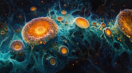 Obraz premium Abstract vibrant cosmic landscape with glowing organic forms and textures.