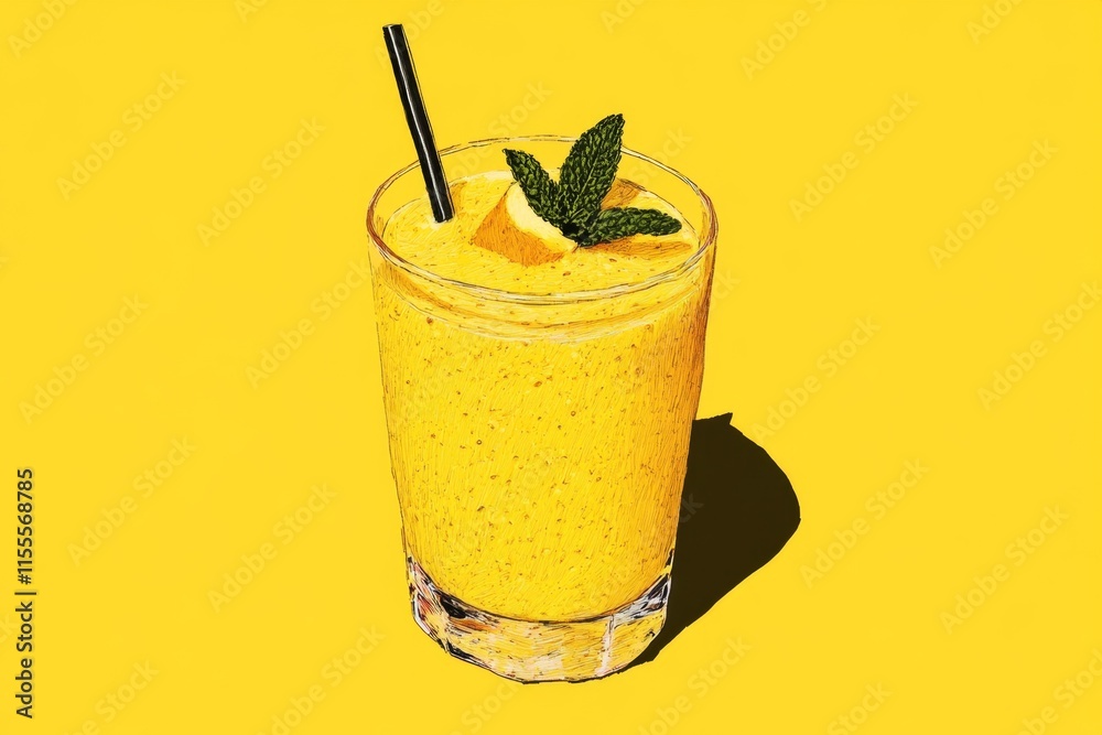 Poster a minimalist smoothie cup with a straw and a small fruit garnish, drawn in simple, clean lines with 
