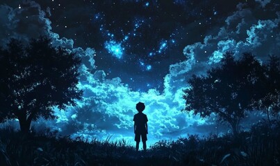 Fototapeta premium A Boy Gazing at the Starry Night