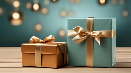 Wooden gift box with an empty card mockup alongside a closed gift box with blue background