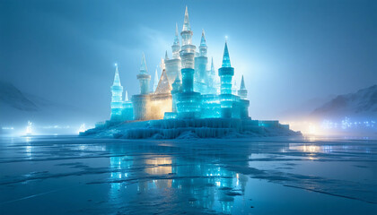 Fototapeta premium A colossal ice castle rising from a frozen lake, its walls glowing faintly with a soft blue and gold
