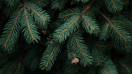 Pine cones on a Christmas tree and a wooden house, Christmas Background with beautiful green pine tree brunch close up. Realistic Christmas pine tree branch frame