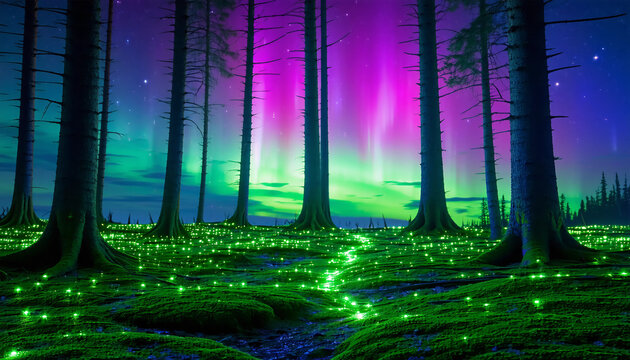  A dense forest bathed in the light of vibrant auroras above, with colors of green, pink, and purple