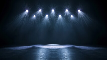 Highly Enhanced Stage Lighting with Dramatic Spotlights Creating a Mystical Atmosphere for Performance and Event Settings in a Dark Environment