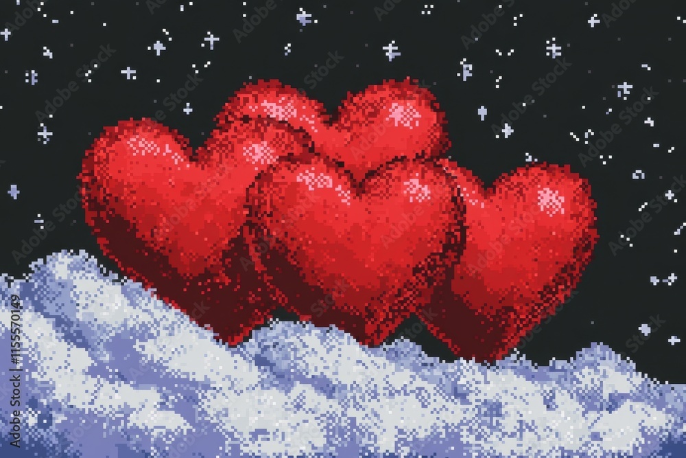 Poster a pixel art depiction of bright red valentine hearts animated to pulse and glow, set against a retro