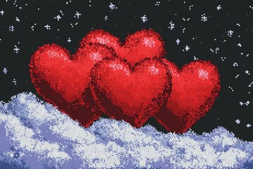 Obraz premium A pixel art depiction of bright red Valentine hearts animated to pulse and glow, set against a retro pixelated background resembling an 8-bit video game