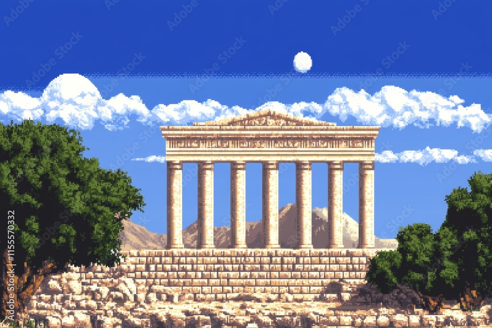 Poster a pixel art timeline of history with iconic moments like ancient pyramids, medieval castles, and ast
