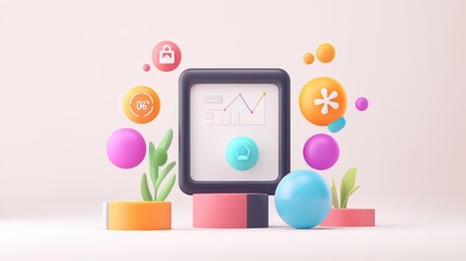 business plan 2025 and strategy concept. Colorful digital elements around a central display, representing growth and creativity in a modern design.