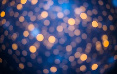 Fototapeta premium bokeh effect, blurred lights, blue and gold colors, soft focus, abstract background, defocused circular shapes, dreamy atmosphere, night sky ambiance, glowing orbs, ethereal illumination