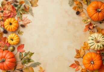 Fototapeta premium Autumn Harvest Background with Vibrant Pumpkins and Colorful Leaves Ideal for Seasonal Themes and Fall Inspirations, Perfect for Thanksgiving Decorations and Seasonal Designs