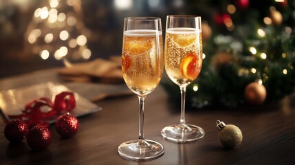 Two glasses of champagne with christmas decorations.