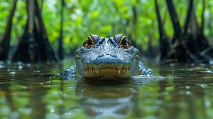 Obraz premium Alligator head emerging from swamp water, staring directly at the camera.