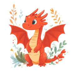 Naklejka premium Adorable Red Dragon in a Floral Garden: A Whimsical Illustration