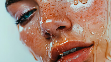 Obraz premium A hyper-realistic portrait of a person with glossy honey-like liquid dripping over their face, vibrant and colorful tones of teal and pink highlights, crystal clear skin