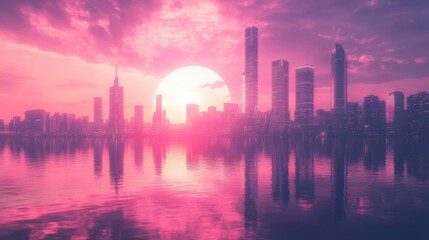 Stunning Pink Sunset Over Modern City Skyline Reflecting on Calm Water with Skyscrapers and Dramatic Clouds in a Serene Urban Landscape