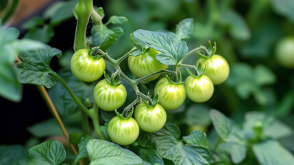 Fototapeta premium Young tomato plant with unripe green tomatoes. Gardening, agriculture theme.