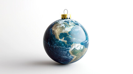 Christmas ball in form of planet Earth on white background. New Year and Christmas theme.