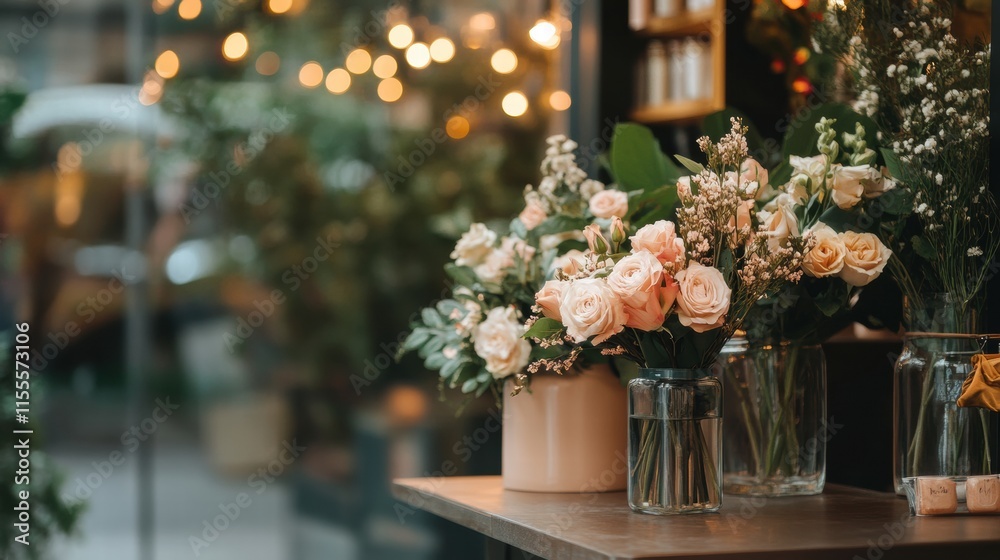 Leinwandbilder stylish storefront display featuring fresh flowers in glass vases with warm lights creating an invit