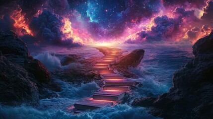 Naklejka premium Surreal Pathway of Books Leading to a Vibrant Cosmic Sky Over a Mystical Ocean at Sunset