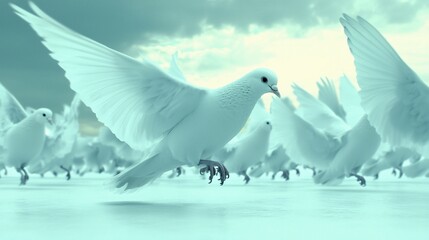 Obraz premium Flock of white doves taking flight, peace, freedom.