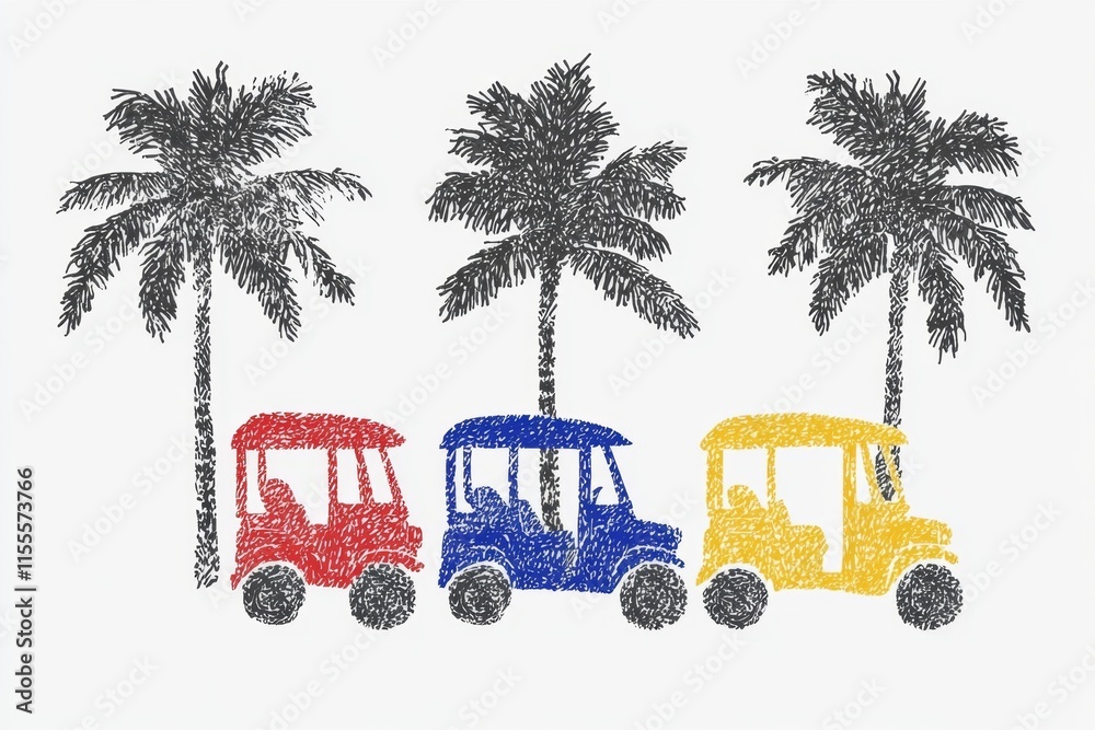 Poster a stylized design of a cambodian tuk-tuk in bold red and blue tones, surrounded by palm trees in a f