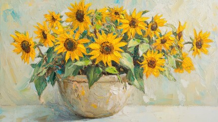 Oil painting of a bouquet of sunflowers in a stone bowl.