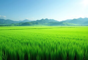 Lush Green Rice Paddy Field and Mountain Range
