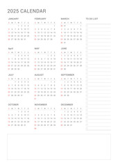 A simple and minimalist style annual template with a 2025 year 12 month calendar. Note, scheduler, diary, calendar, planner design template illustration.